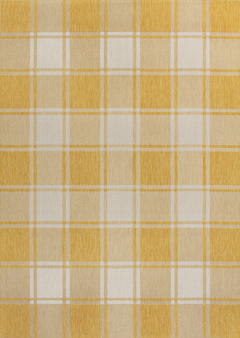 Yellow and cream gingham area rug with woven plaid grid pattern.