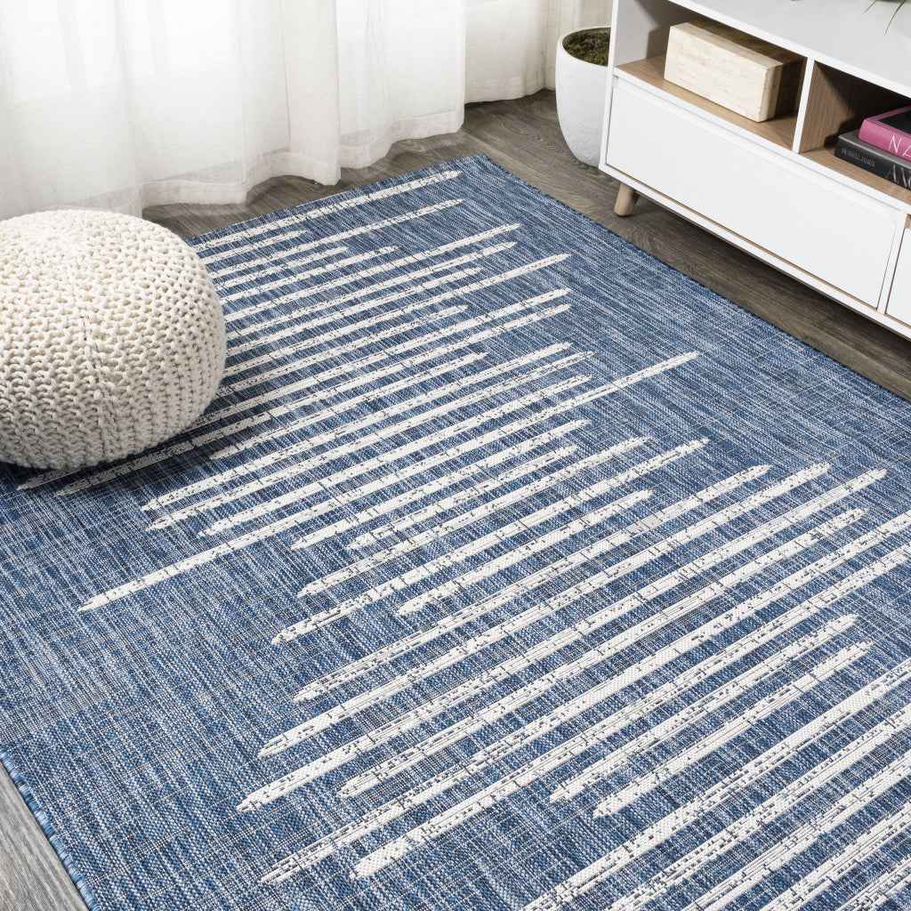 6' X 9' Blue And Ivory Striped Indoor Outdoor Area Rug