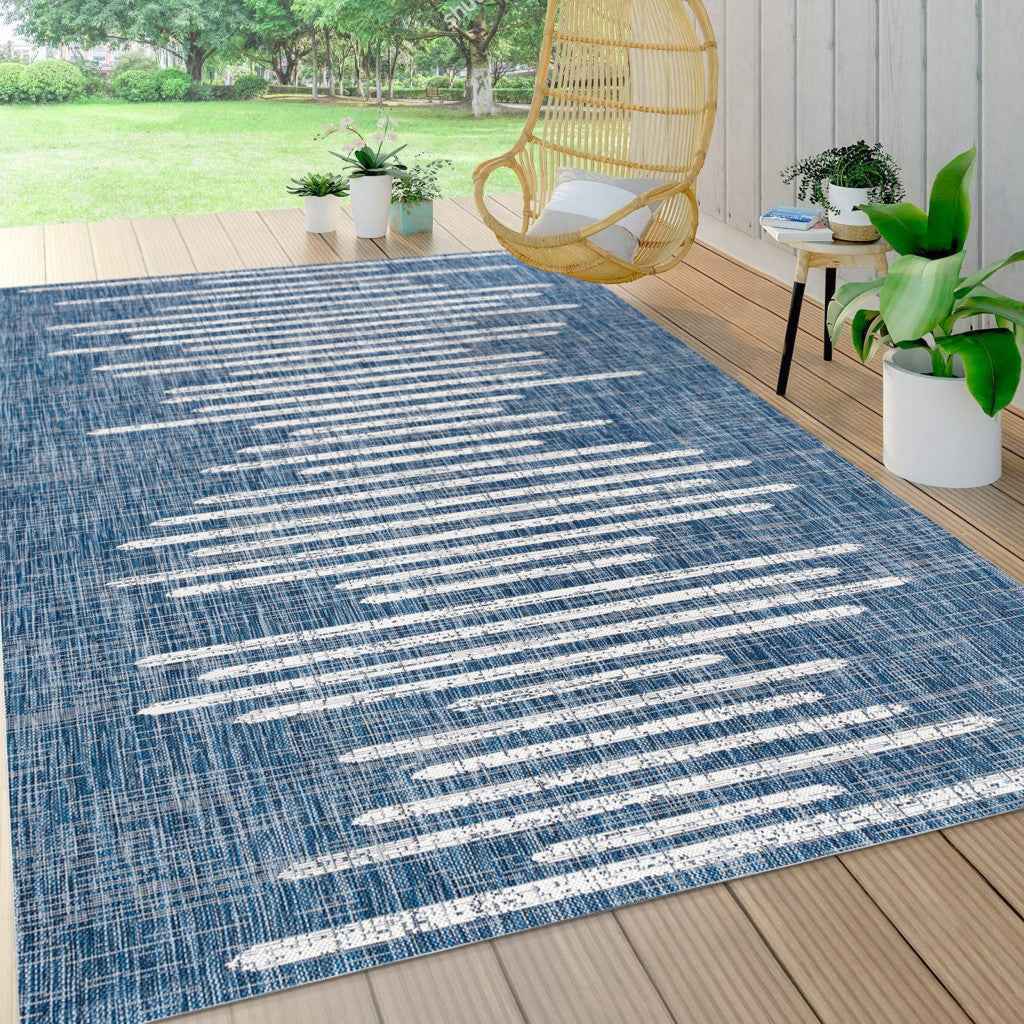 6' X 9' Blue And Ivory Striped Indoor Outdoor Area Rug