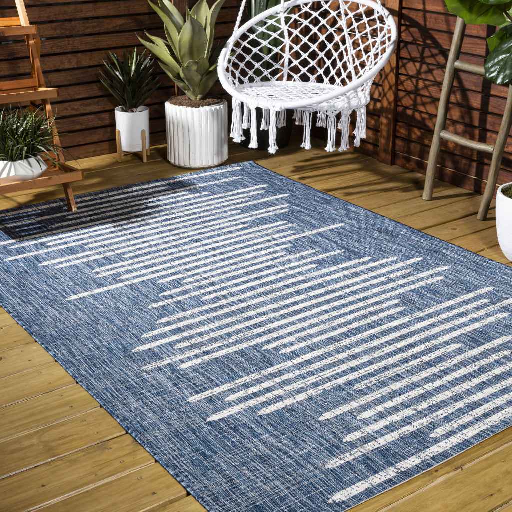 6' X 9' Blue And Ivory Striped Indoor Outdoor Area Rug