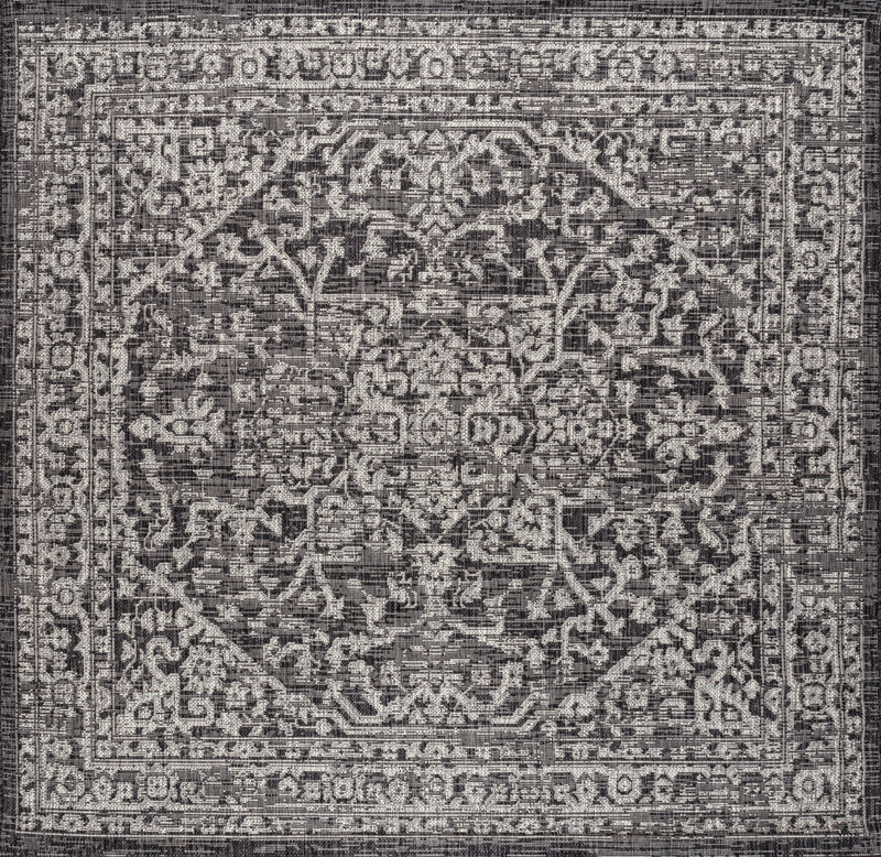 Black and gray square medallion indoor/outdoor area rug with ornate border