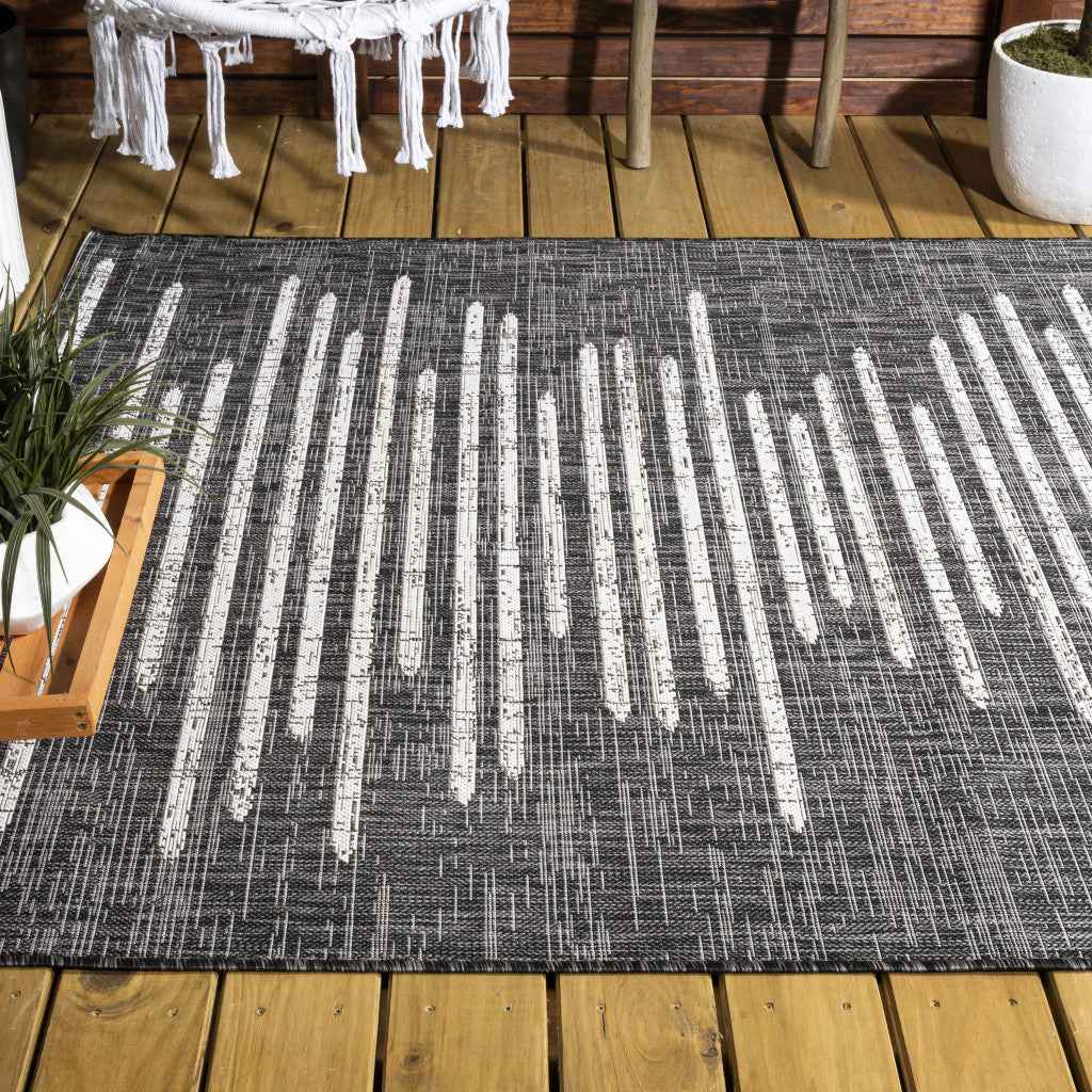 6' X 9' Black And Ivory Striped Indoor Outdoor Area Rug