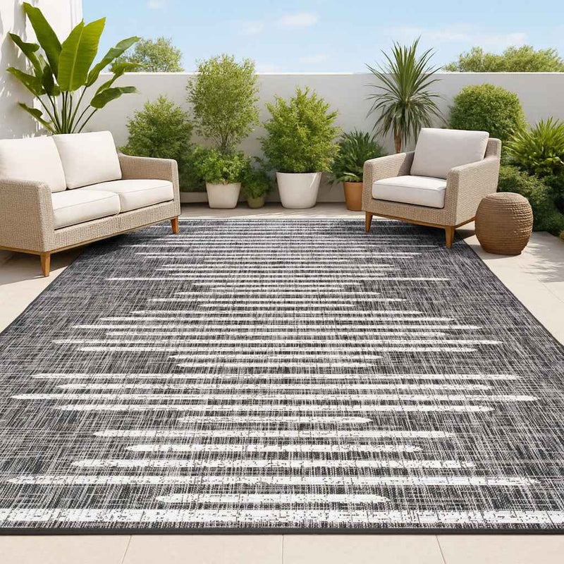 6' X 9' Black And Ivory Striped Indoor Outdoor Area Rug