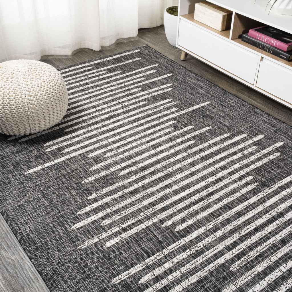 6' X 9' Black And Ivory Striped Indoor Outdoor Area Rug