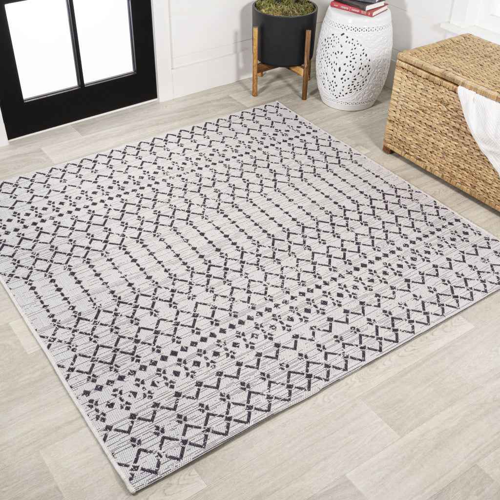 8' Cream And Black Square Trellis Indoor Outdoor Area Rug
