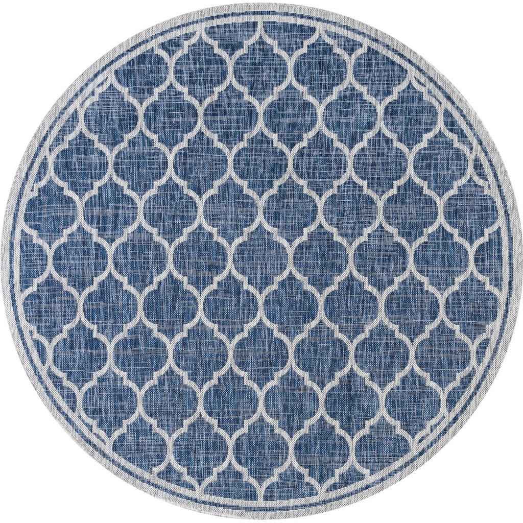 8' Navy Blue And Gray Round Geometric Indoor Outdoor Area Rug