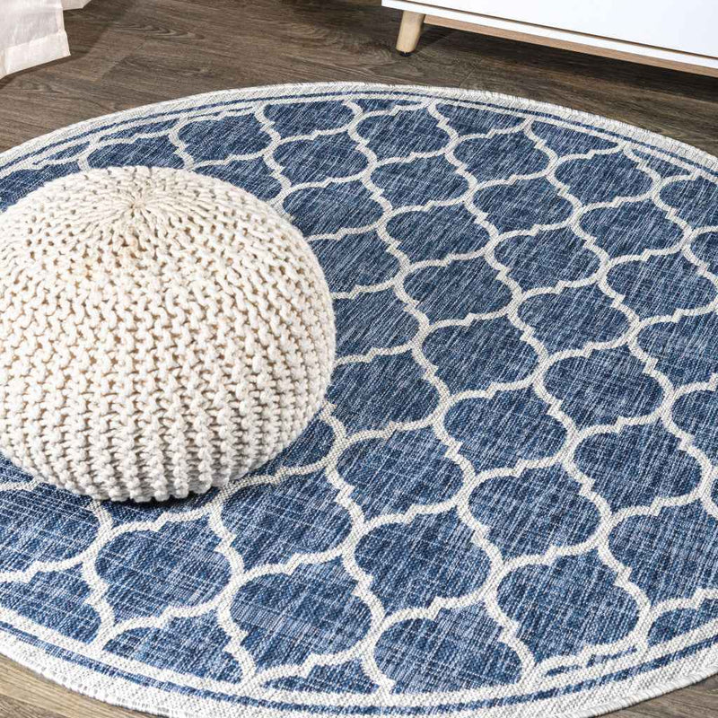 8' Navy Blue And Gray Round Geometric Indoor Outdoor Area Rug