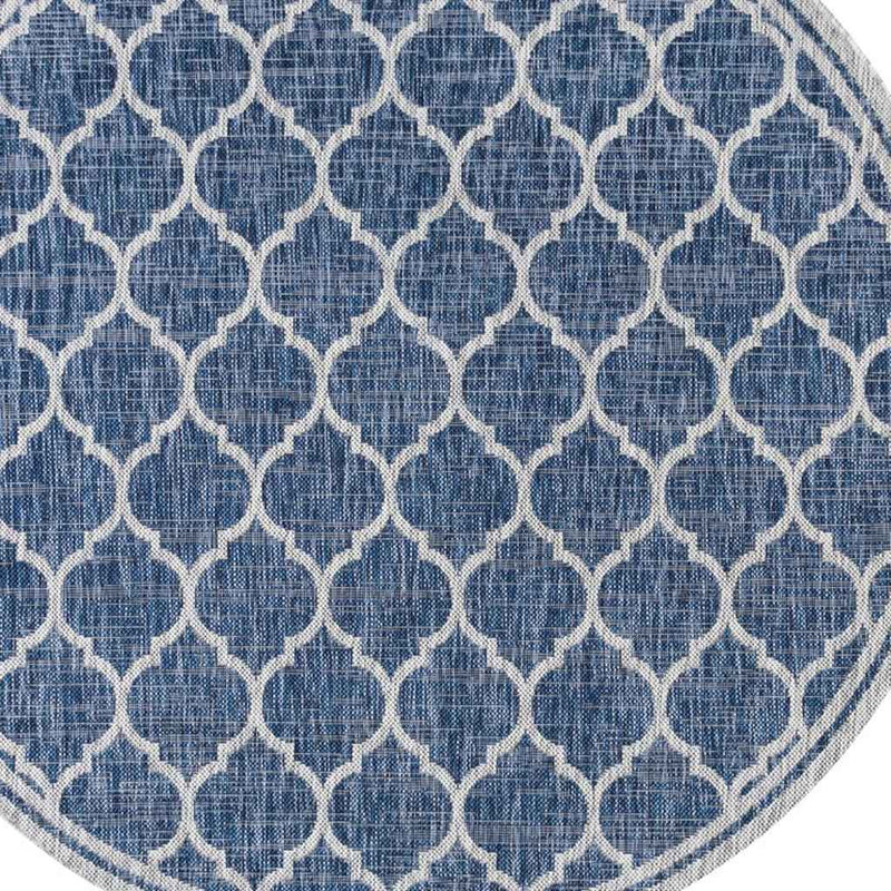 8' Navy Blue And Gray Round Geometric Indoor Outdoor Area Rug