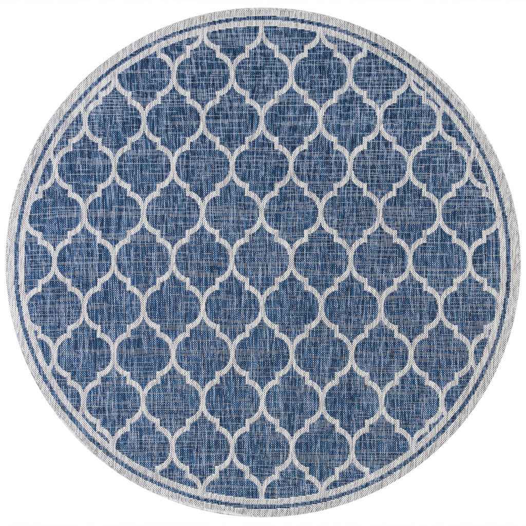 8' Navy Blue And Gray Round Geometric Indoor Outdoor Area Rug