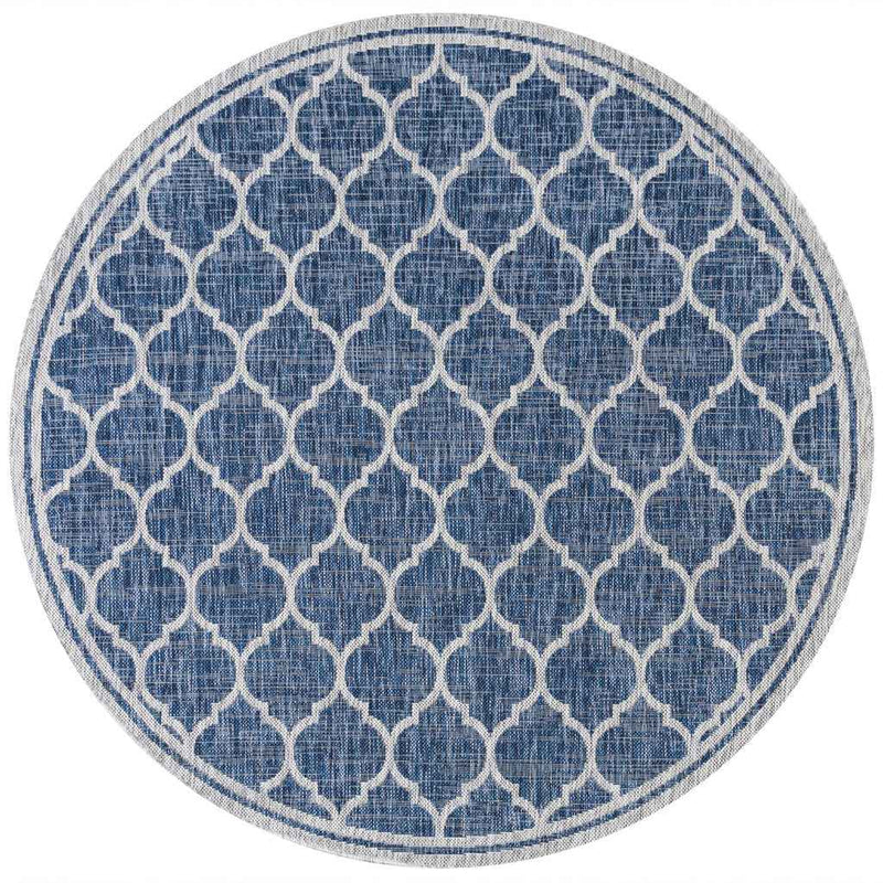 8' Navy Blue And Gray Round Geometric Indoor Outdoor Area Rug