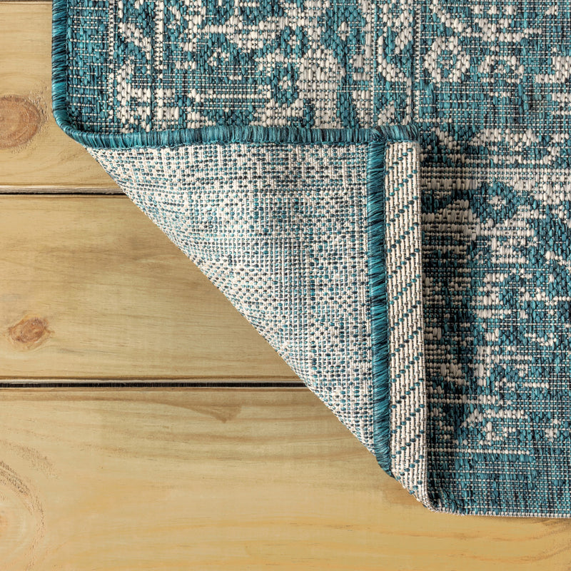 Teal and gray area rug corner with medallion pattern and border