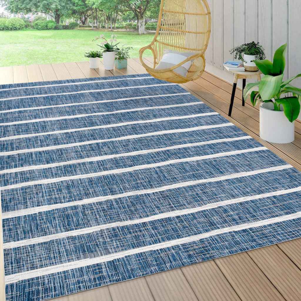 9' X 12' Blue And Ivory Striped Indoor Outdoor Area Rug
