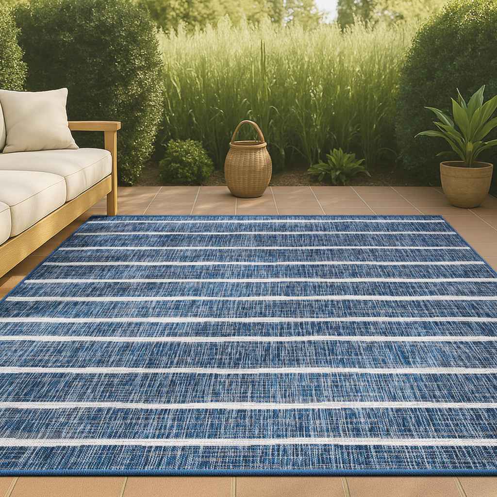9' X 12' Blue And Ivory Striped Indoor Outdoor Area Rug