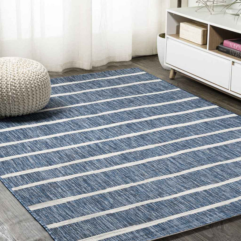 9' X 12' Blue And Ivory Striped Indoor Outdoor Area Rug