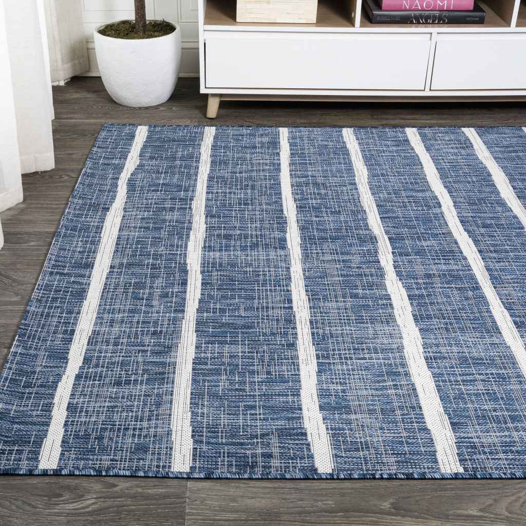 9' X 12' Blue And Ivory Striped Indoor Outdoor Area Rug