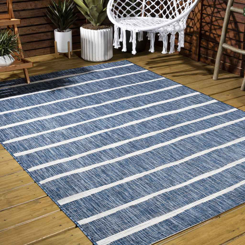 9' X 12' Blue And Ivory Striped Indoor Outdoor Area Rug