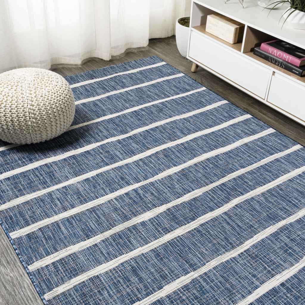 9' X 12' Blue And Ivory Striped Indoor Outdoor Area Rug