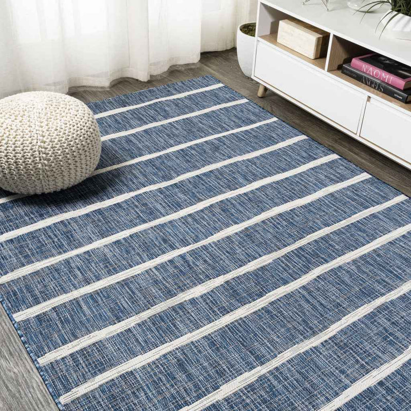 9' X 12' Blue And Ivory Striped Indoor Outdoor Area Rug