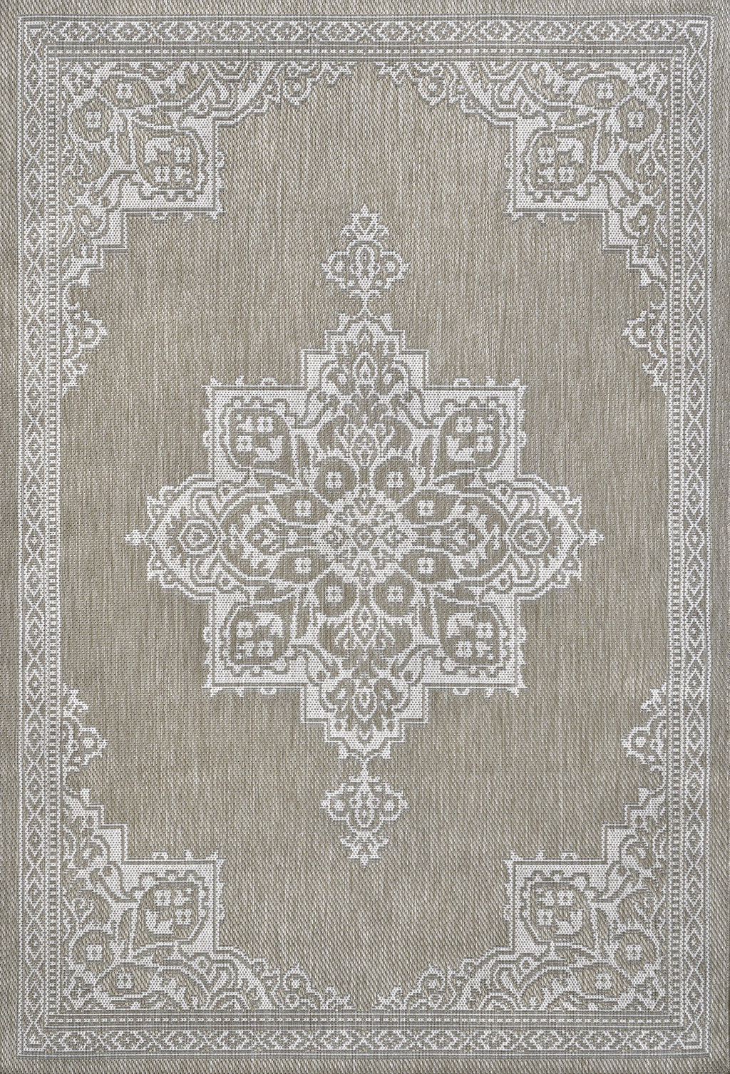 Beige medallion area rug with cream ornamental center and corner motifs