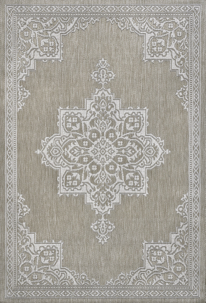 Beige medallion area rug with cream ornamental center and corner motifs