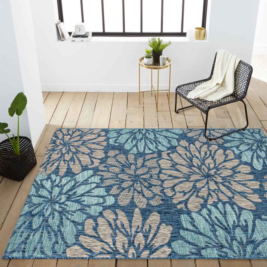 6' X 9' Navy Blue And Aqua Floral Indoor Outdoor Area Rug Default Title