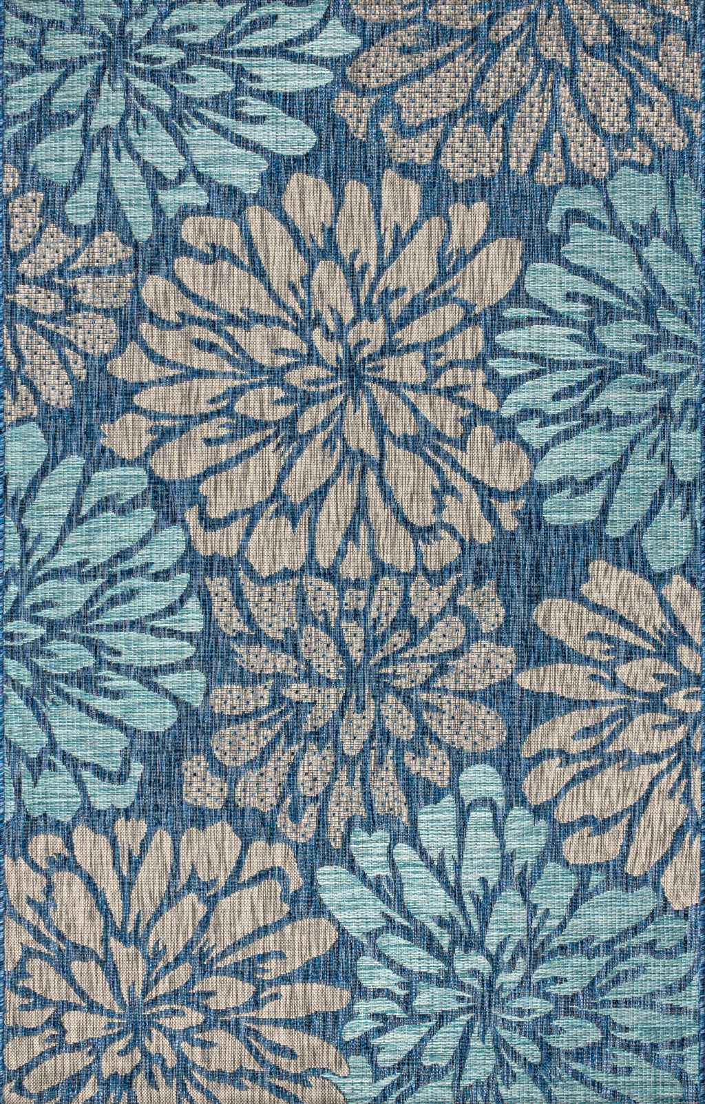 6' X 9' Navy Blue And Aqua Floral Indoor Outdoor Area Rug