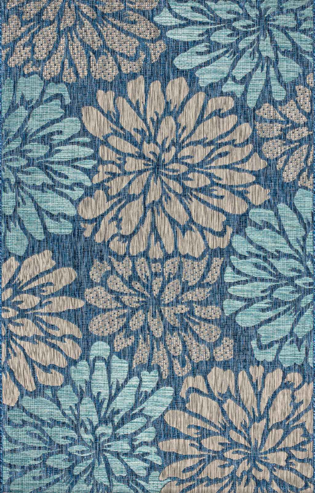 6' X 9' Navy Blue And Aqua Floral Indoor Outdoor Area Rug