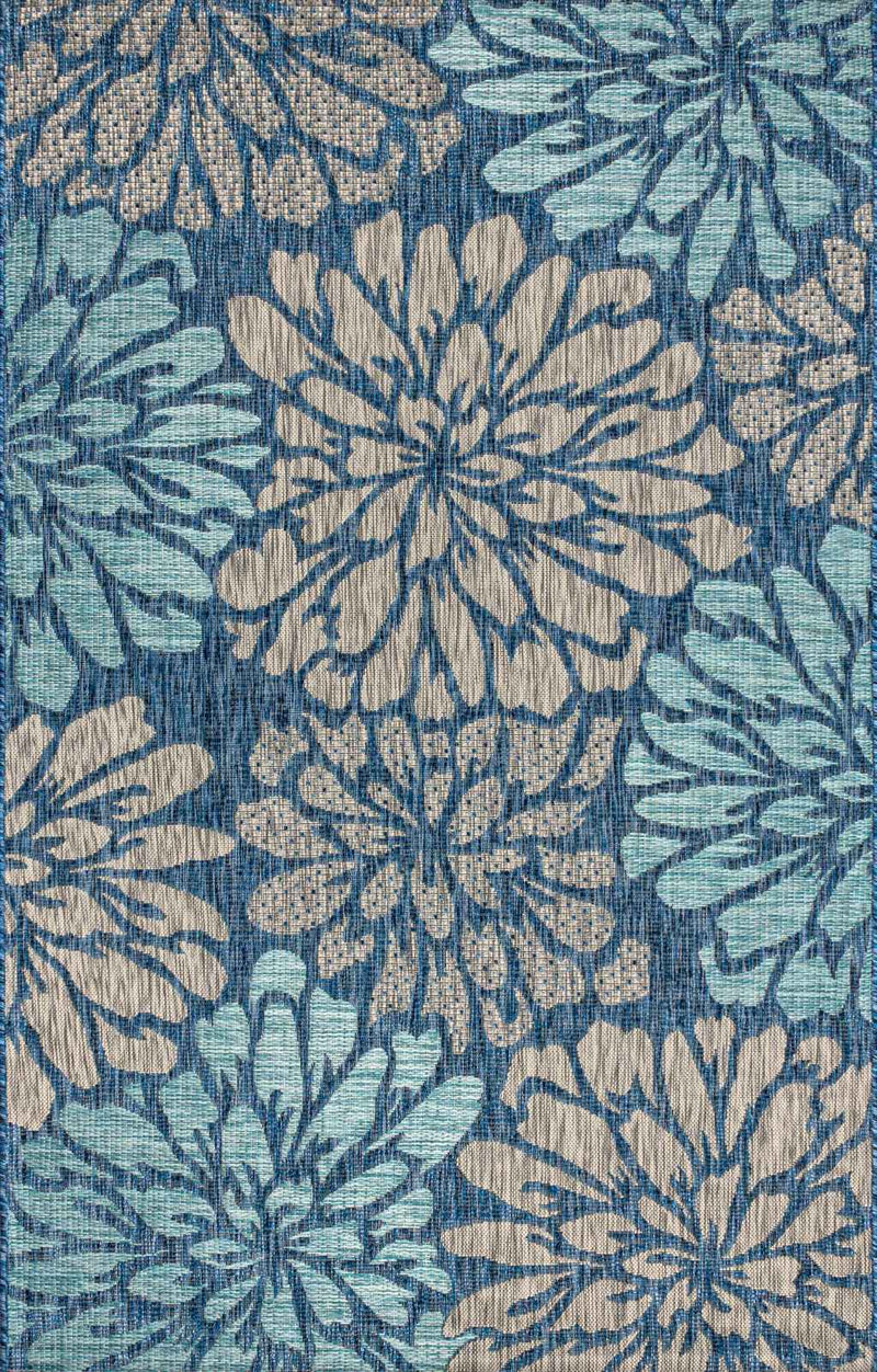 6' X 9' Navy Blue And Aqua Floral Indoor Outdoor Area Rug