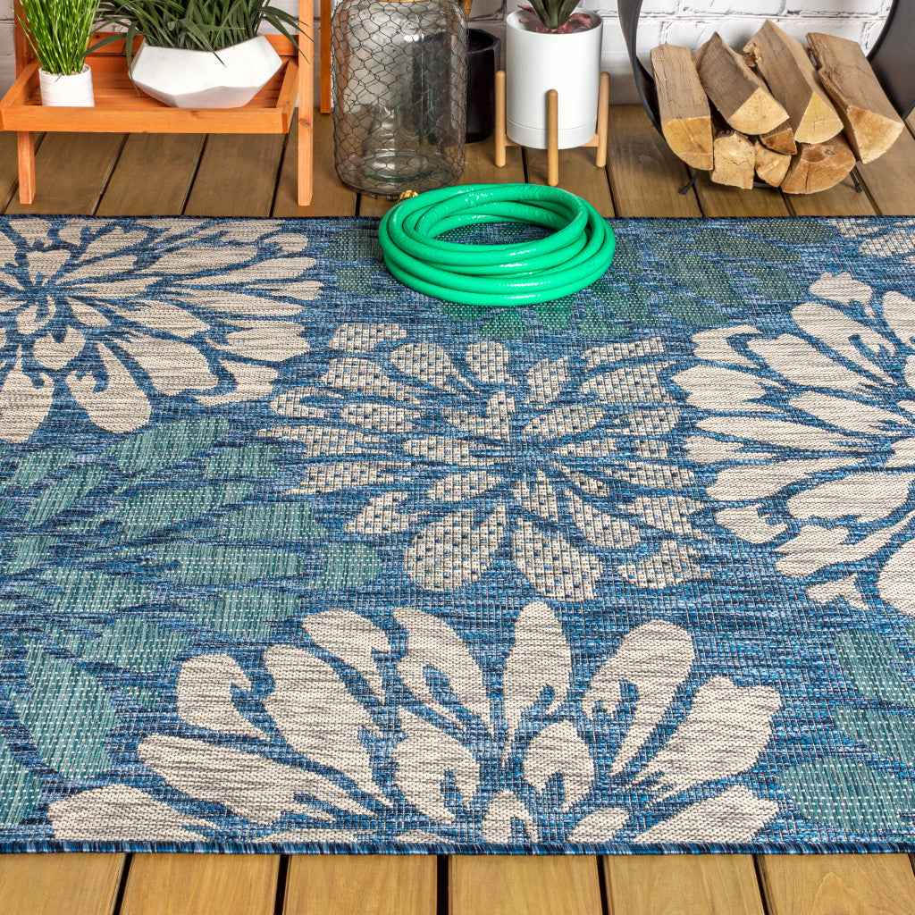 6' X 9' Navy Blue And Aqua Floral Indoor Outdoor Area Rug