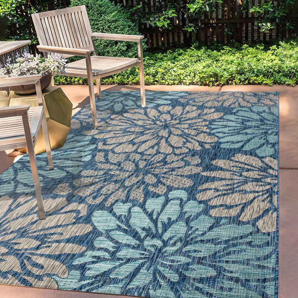 6' X 9' Navy Blue And Aqua Floral Indoor Outdoor Area Rug