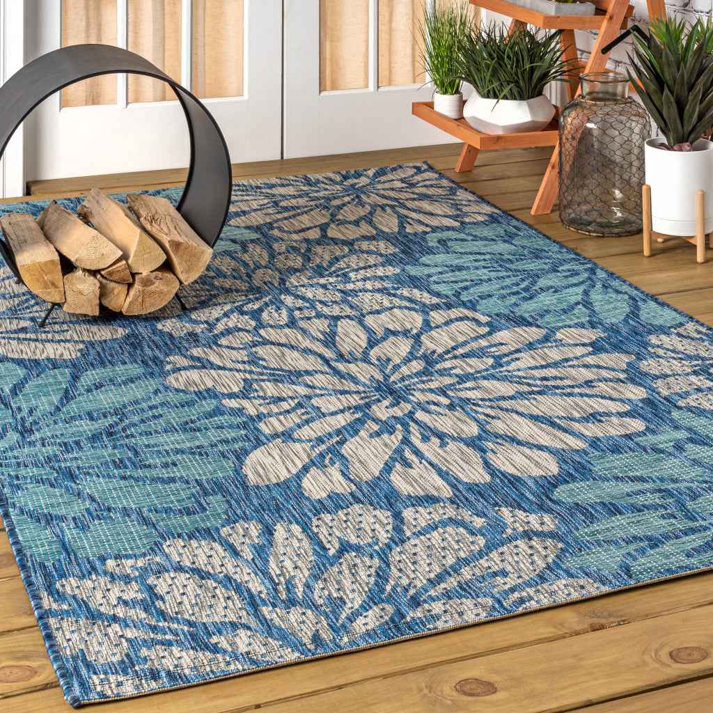 6' X 9' Navy Blue And Aqua Floral Indoor Outdoor Area Rug