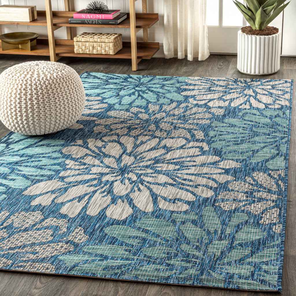 6' X 9' Navy Blue And Aqua Floral Indoor Outdoor Area Rug