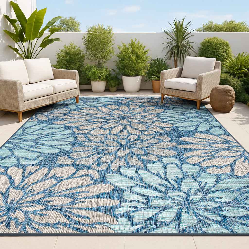 6' X 9' Navy Blue And Aqua Floral Indoor Outdoor Area Rug