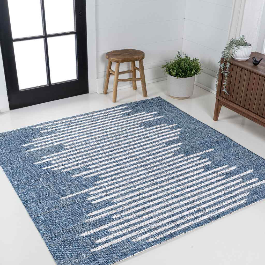 8' Blue And Ivory Square Striped Indoor Outdoor Area Rug