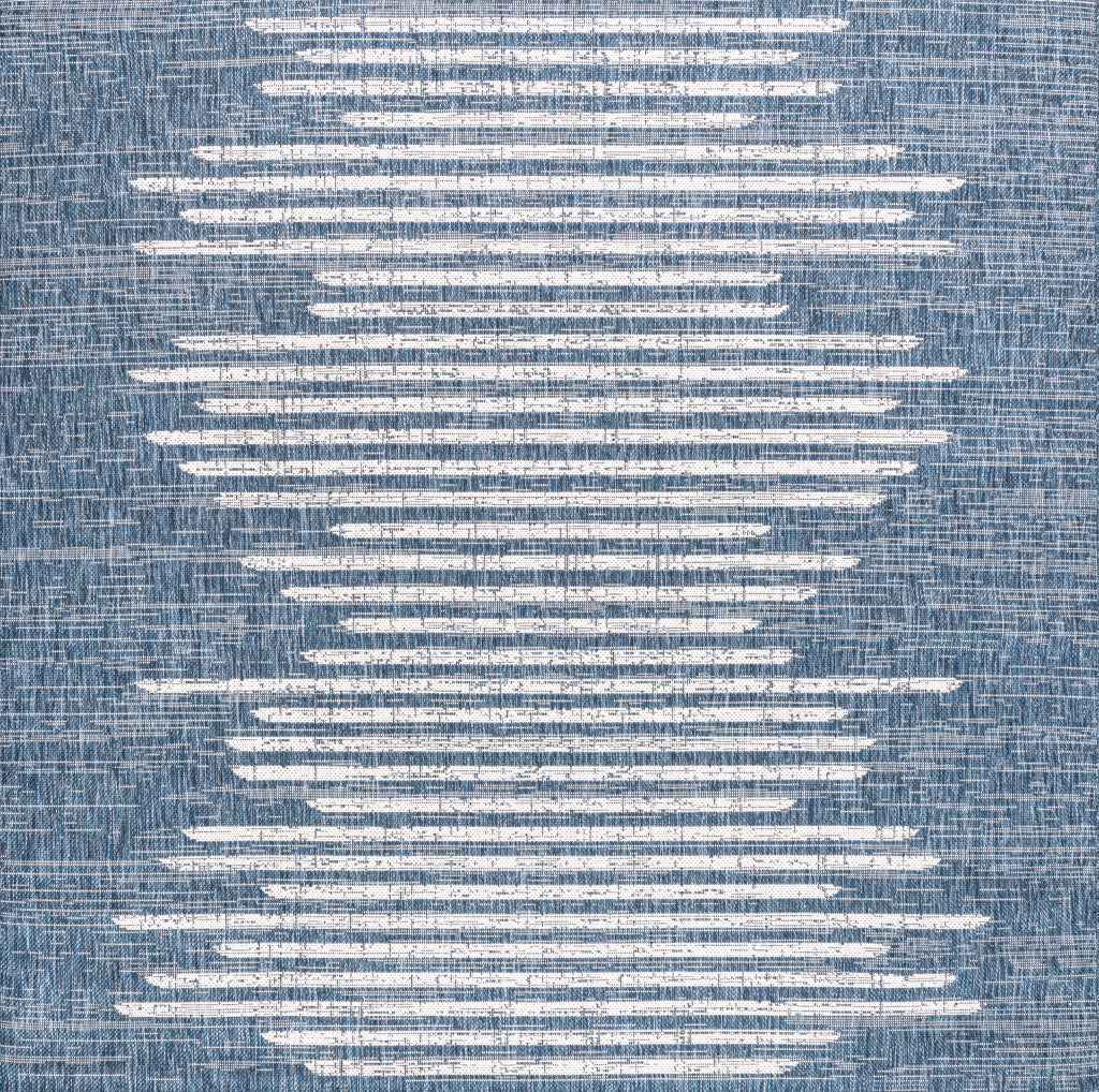 8' Blue And Ivory Square Striped Indoor Outdoor Area Rug