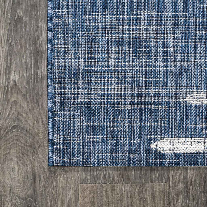 8' Blue And Ivory Square Striped Indoor Outdoor Area Rug