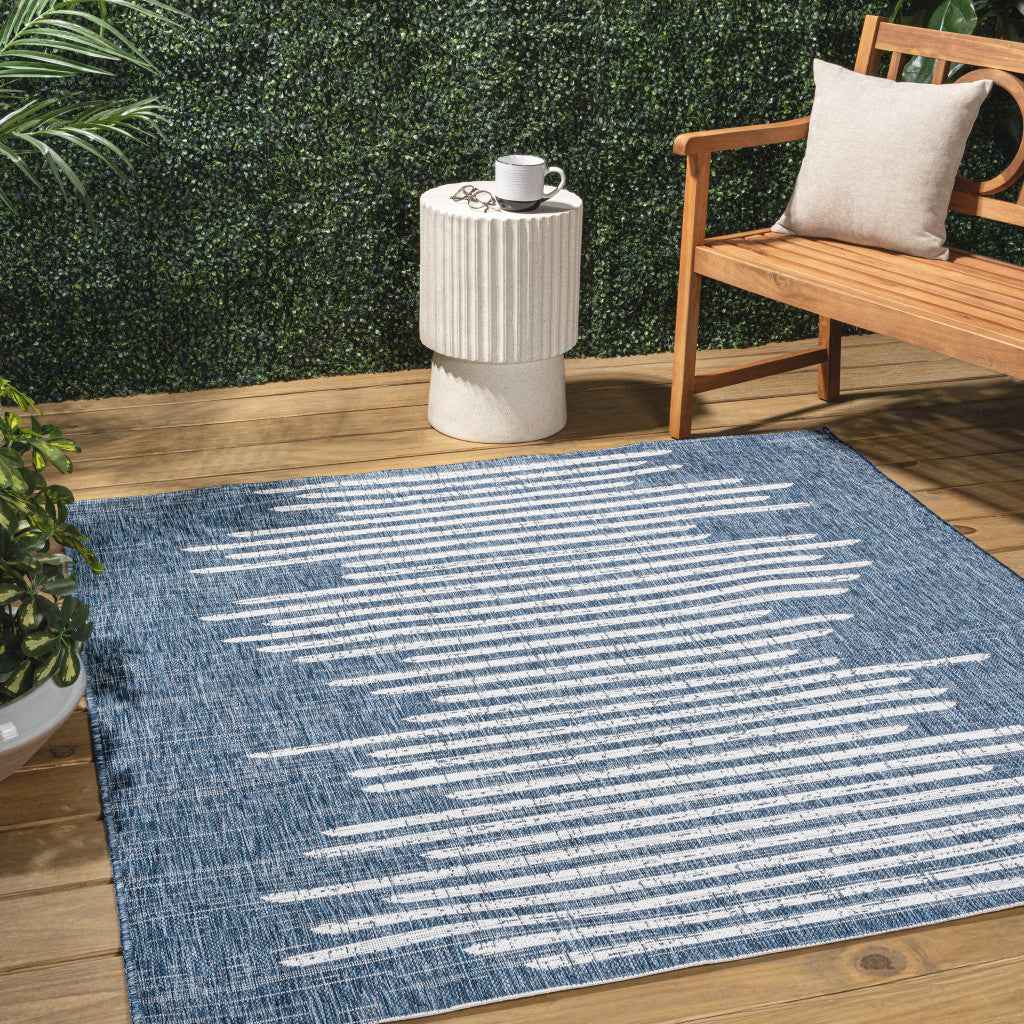 8' Blue And Ivory Square Striped Indoor Outdoor Area Rug