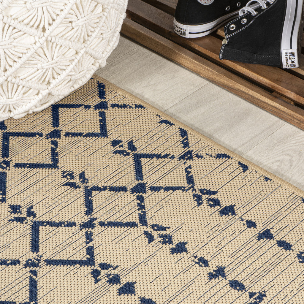 4' Beige And Navy Blue Square Trellis Indoor Outdoor Area Rug - Sports & Outdoor
