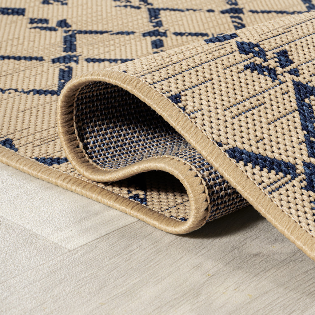 4' Beige And Navy Blue Square Trellis Indoor Outdoor Area Rug - Sports & Outdoor