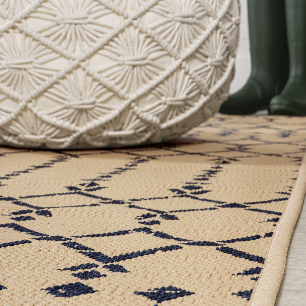 4' Beige And Navy Blue Square Trellis Indoor Outdoor Area Rug - Sports & Outdoor