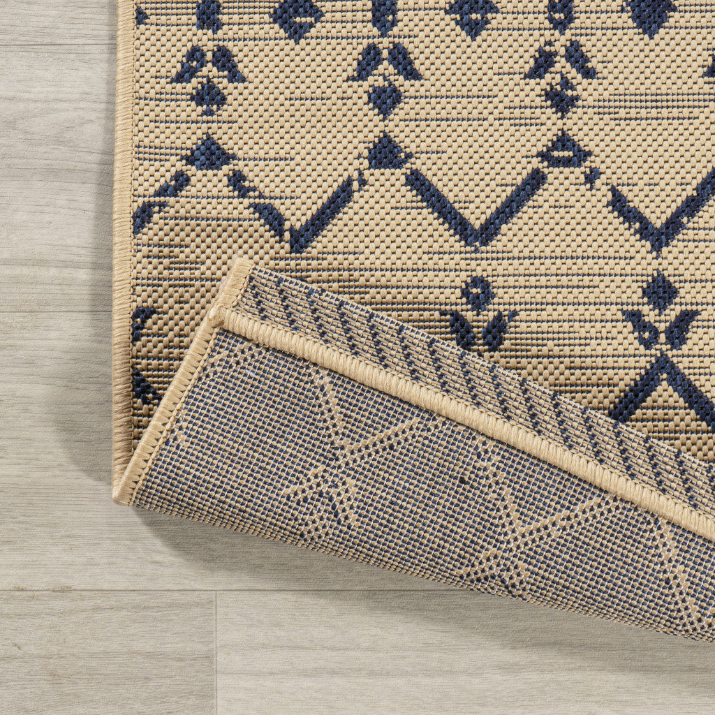 4' Beige And Navy Blue Square Trellis Indoor Outdoor Area Rug - Sports & Outdoor