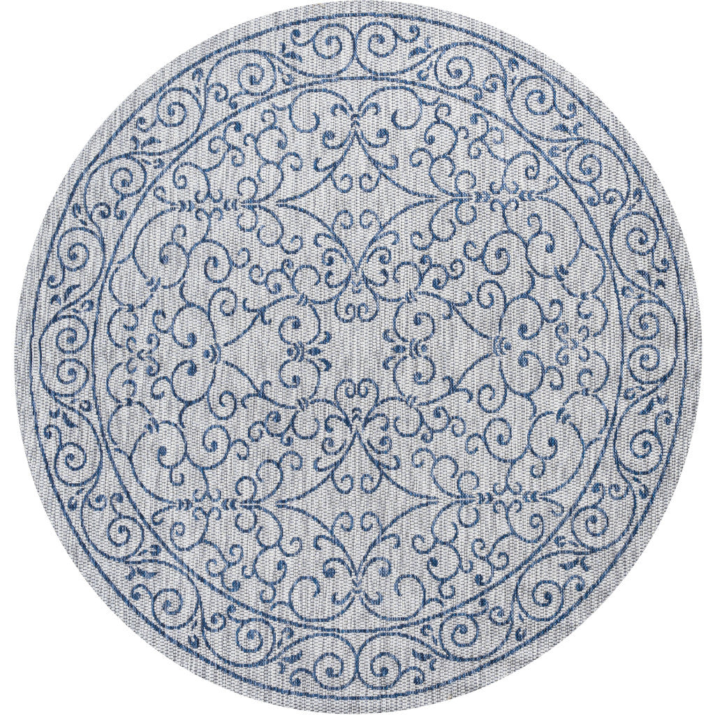 8' Gray And Navy Blue Round Medallion Indoor Outdoor Area Rug - Sports & Outdoor