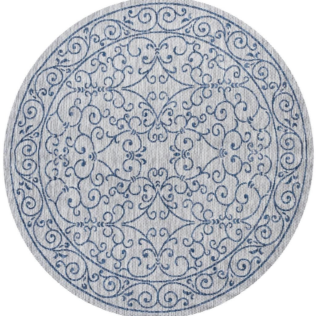8' Gray And Navy Blue Round Medallion Indoor Outdoor Area Rug - Sports & Outdoor
