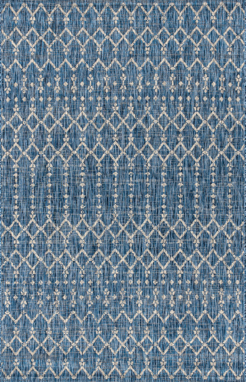 Navy blue indoor outdoor area rug with light gray trellis diamond pattern