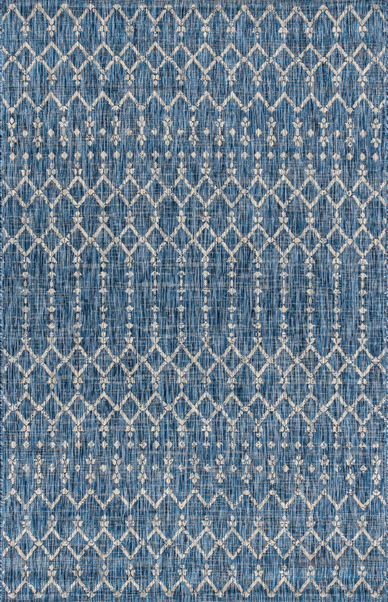 Navy blue area rug with light gray trellis diamond lattice pattern