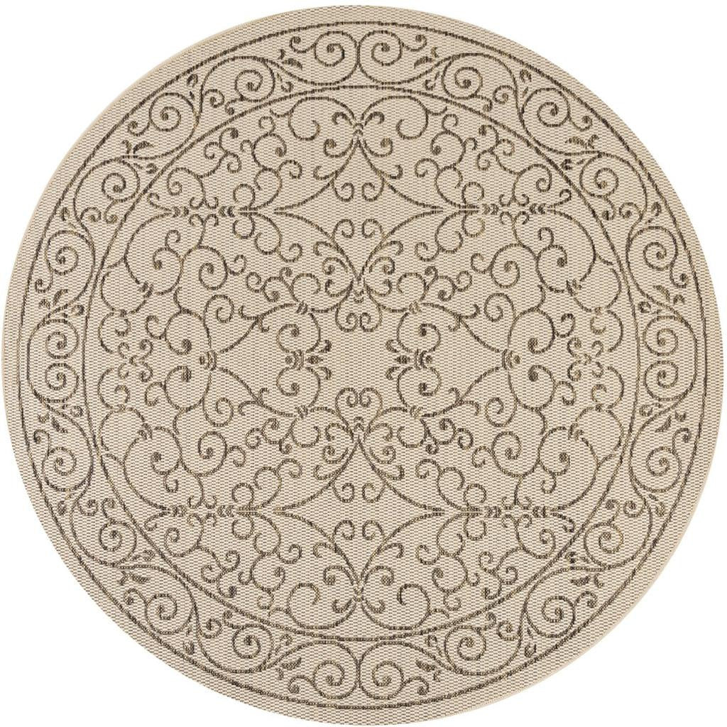 Round beige rug featuring brown repeating floral scroll medallion and border ring