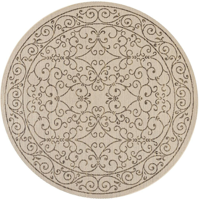 Round beige rug featuring brown repeating floral scroll medallion and border ring