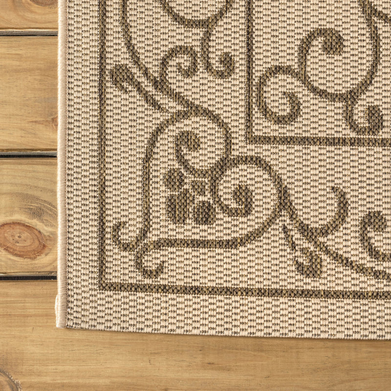 Close-up of rug border and medallion motifs in beige with brown outlines