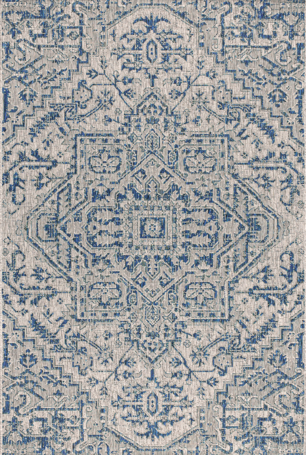 Blue and gray medallion area rug with ornate geometric border