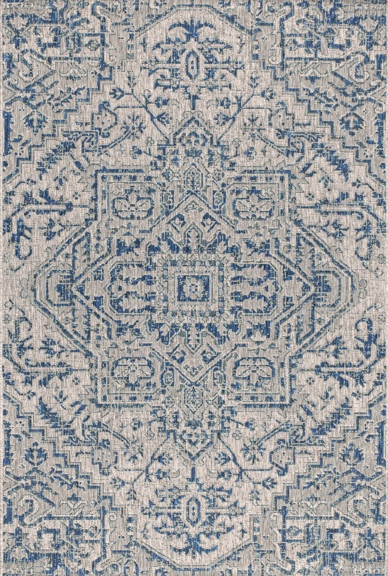 Blue and gray medallion area rug with ornate geometric border